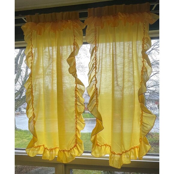Vintage 1970s pleated curtains, yellow sheer ruffled pair long narrow panels - Picture 6 of 9